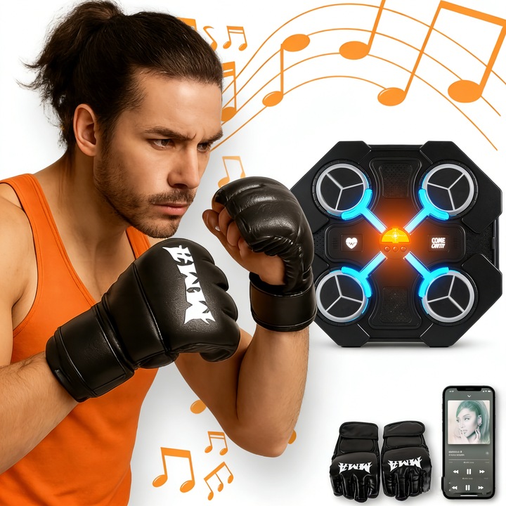 Електронна боксова мишена с музика, регулируема скорост и сила на звука, включва боксови ръкавици, Bluetooth свързаност и LED осветление за зоната за удар