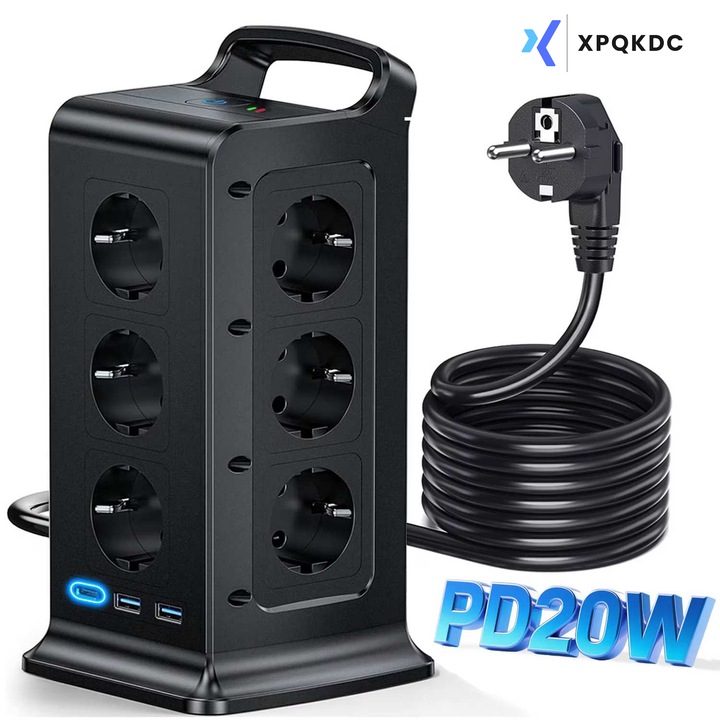 Prelungitor Tip Turn XPQKDC®, 4000W, 2xUSB, 1xType-C PD20W, 12 Prize, Protectie Supratensiune, Cordon 2m, Negru
