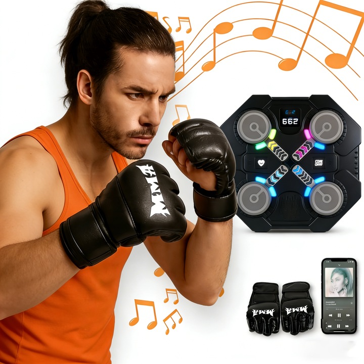 Електронна боксова мишена с Bluetooth музика, регулируем резултат, скорост и сила на звука, включително боксови ръкавици и LED осветление за зоната за удар