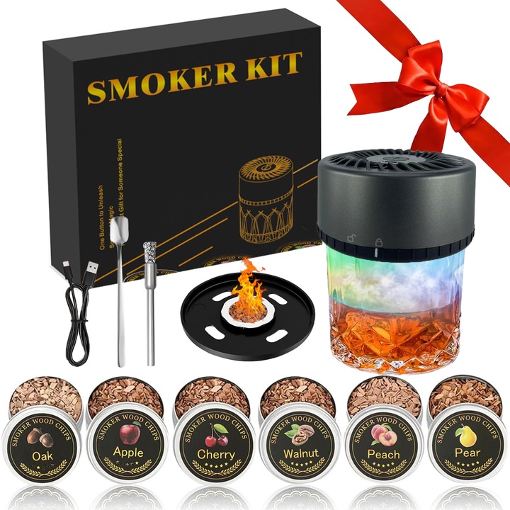 Електрически комплект за опушване на уиски - Акумулаторен комплект за опушване на коктейли с 6 дървесни стърготини - Уникален бърбън, идеален за Коледа, рожден ден, подаръци за мъже, татко, съпруг (черен и сив)