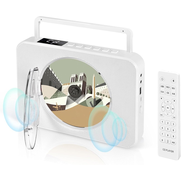 CD player portabil cu Bluetooth pentru acasa, cu radio FM, temporizator, intrare USB si AUX, difuzoare HiFi incorporate, maner de transport, WALALLA, alb
