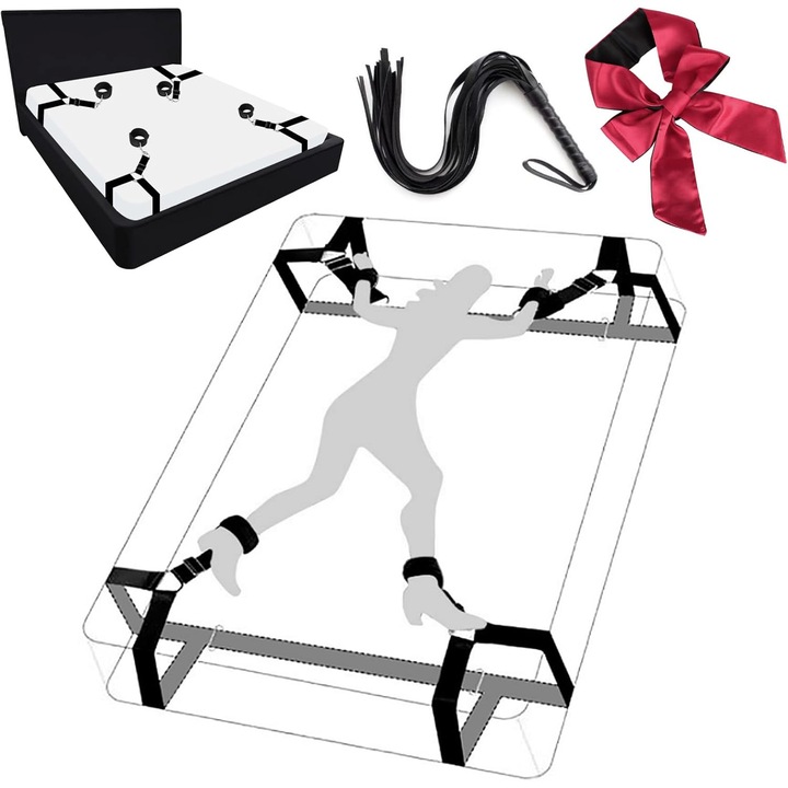 Ágy Bondage készlettel, láncokkal, LISM®, 4 bilincssel, lábbilinccsel, SM játék, páros játék, gyors telepítés, fekete