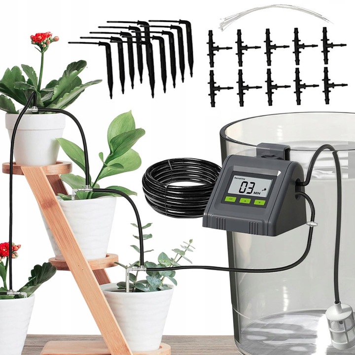 Sistem de irigare automat pentru plante, Bedee, Debit de apa reglabil, Alimentare dubla, Pentru 8 ghivece, udare prin picurare, stropiti cu apa, temporizator, Conectare usb, Negru