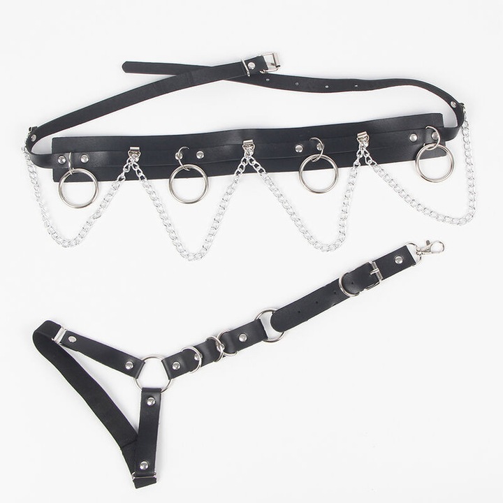 Set bondage Subblime, ham cu curea si portjartier cu inele, negru, marime unica