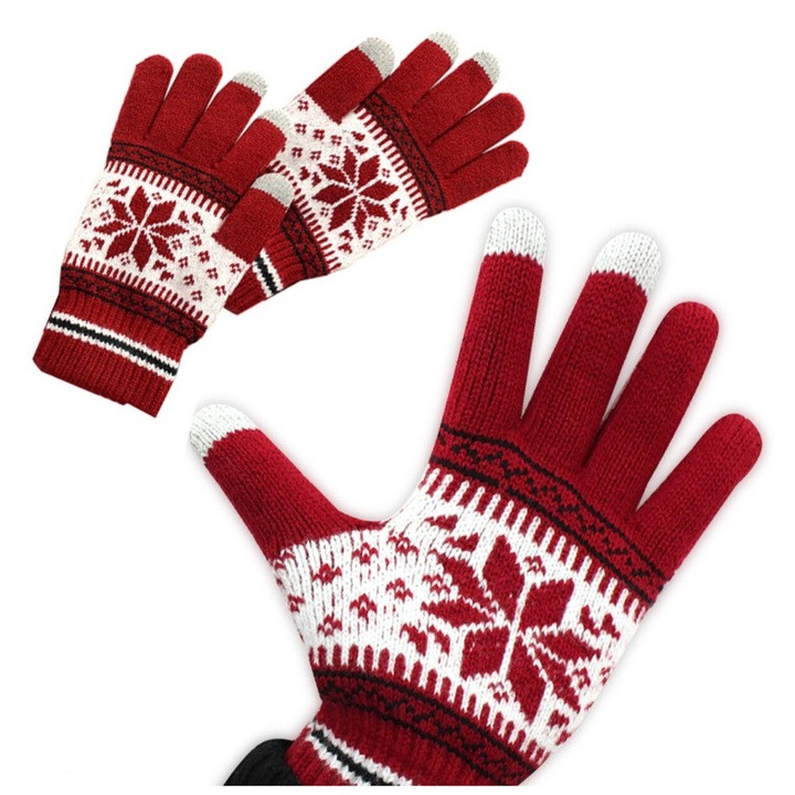 Mănuși de iarnă, Zola, tricot, 3 degete tactile, roșu/alb, mărime universală