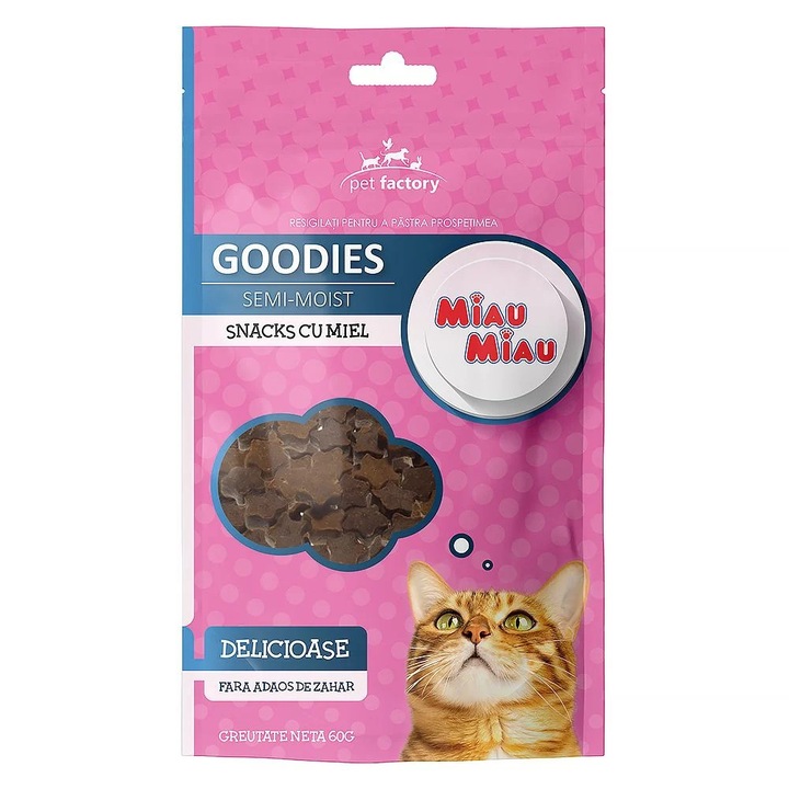 Recompense pentru Pisica Adult, Pet Factory, MIAU MIAU Goodies Snacks, Stelute, Miel, 60g