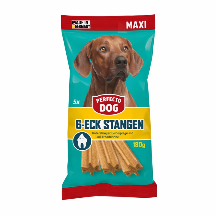 Snack dentar pentru câini Perfecto Dog 6-Corner Sticks Maxi, 5 stick-uri, textura durabilă, maro