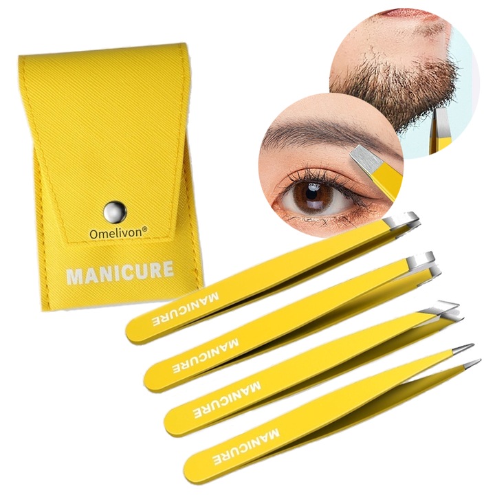 Omelivon Set pensete pentru sprancene - 4 piese din inox, diverse forme, galben, pentru epilare profesionala + husa de transport
