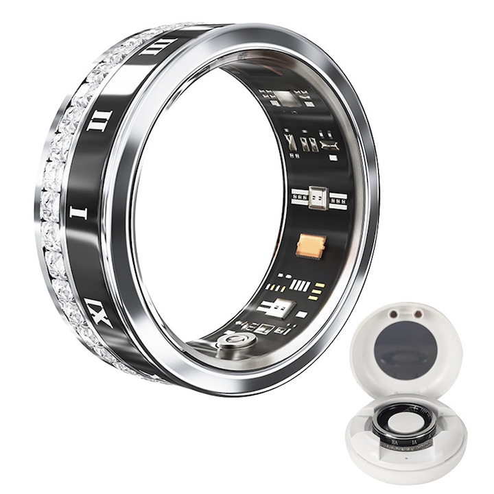 Inel inteligent V2, monitorizare ritm cardiac, oxigen in sange, conectivitate Bluetooth, aplicatie Darings, incarcare USB, design ergonomic, pentru sanatate si fitness