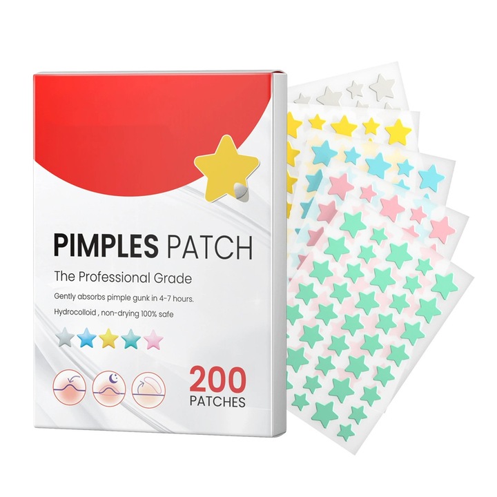 Pansamente hidrocoloidale pentru acnee BEEVME, 200 buc, transparente, efect rapid