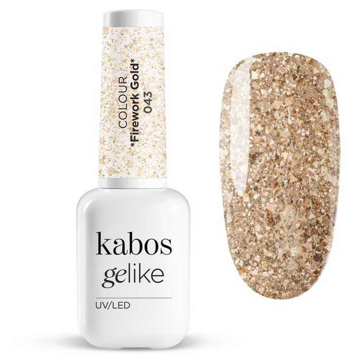Лак за нокти, хибриден, UV/LED, Gelike 043 Firework Gold, Kabos, 8ml, дълготрайно покритие, професионална четка, интензивен блясък﻿