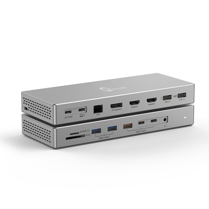 Docking Station Hub USB C 16 in 1, Premium, 2x HDMI 4K 60Hz, 1x DisplayPort, Ethernet RJ45 1000Mbps, 2x USB-C, USB 3.2 Gen2 10Gbps,100W PD Power Delivery, SD TF Card Reader, Audio Jack, 2x USB-A 2.0, Multiport pentru Laptop, PC, Windows, Mac, Q-Elite®