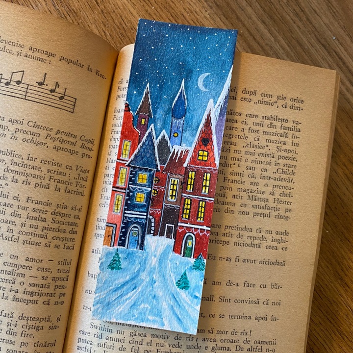 Semn de carte Iarna – Casute, ilustrat, carton gros, cadou pentru cititori