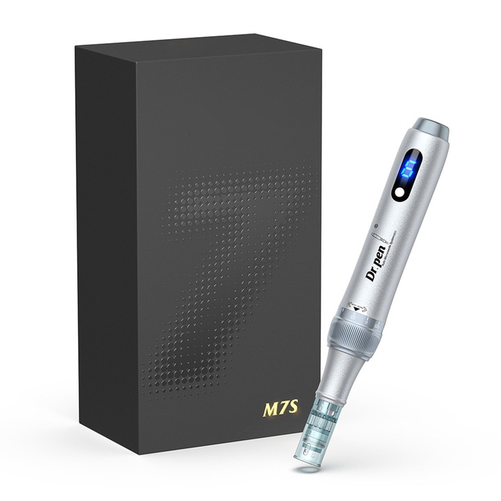 Sistem de micro-needling M7S, dispozitiv profesional pentru tratamente faciale, cu acumulator reincarcabil, 6 viteze, adancime reglabila, cartuse de unica folosinta, pentru acasa si uz profesional