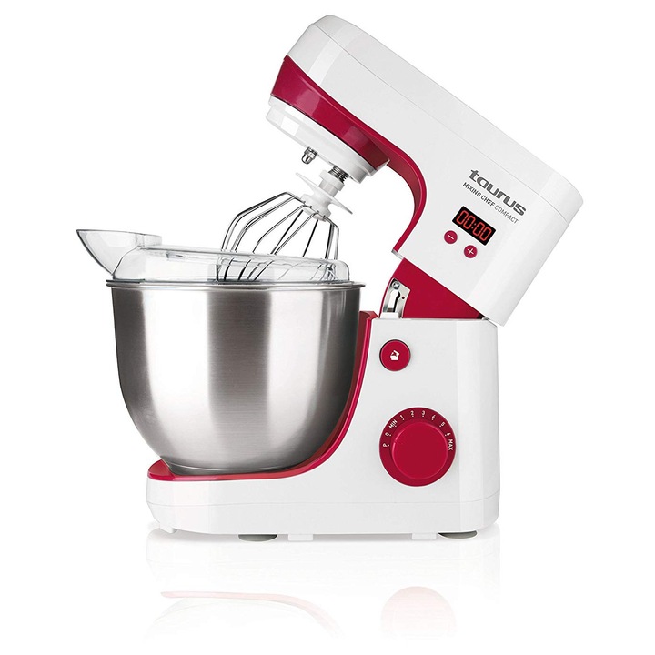 Кухненски робот Taurus Mixing Chef Compact, 600W, купа от неръждаема стомана 4,2 л, 8 степени на скорост, ТАЙМЕР 10 мин., функция Пулс, 3 аксесоара за сладкарство, Бял/Червен