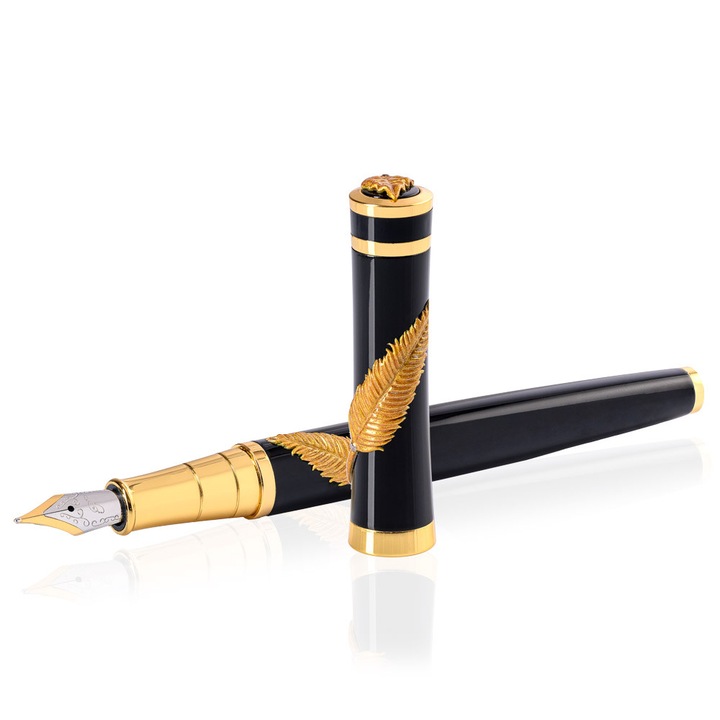 Stilou ROXI, negru, otel inoxidabil, penita gold, set cu 4 rezerve de cerneala