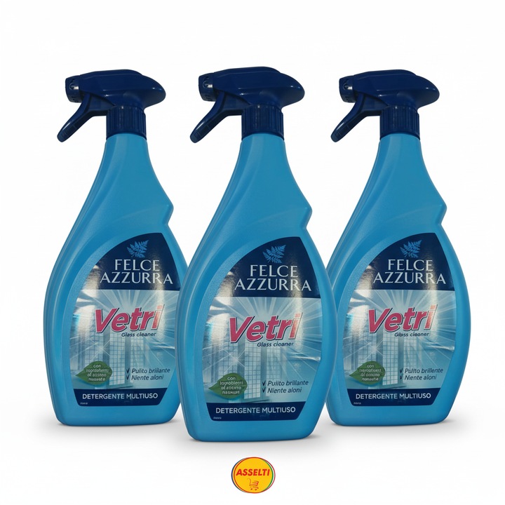 Set Spray pentru Geamuri Felce Azzurra Vetri 500 ml, 3 buc, fara urme, transparent