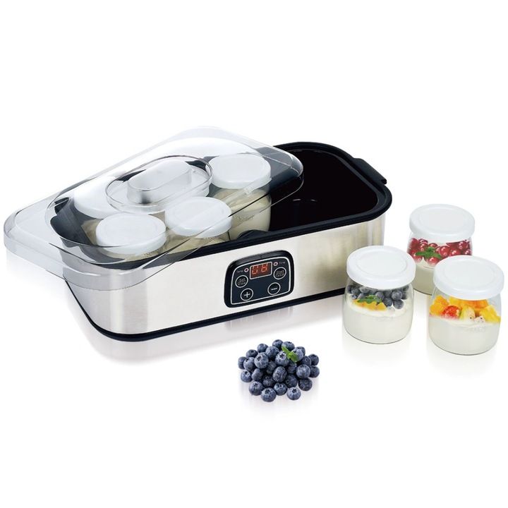 Aparat pentru preparat iaurt, cu 8 borcare de sticla 180ml, capacitate totala 1, 4L, carcasa inox, ercal LCD, reglare timp si temperatura, putere 25W