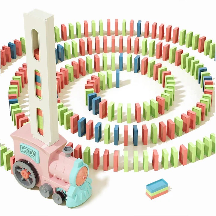 Trenulet de Jucarie cu Functie de Asezare Automata Domino, Set Complet cu Piese Colorate, Jucarie Educativa