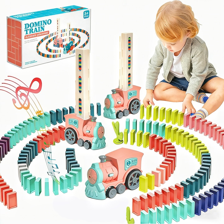 Set trenulet cu domino, Wacorresi, 180 piese, efecte sonore, 180 piese, Cu lumini, Cu efecte sonore, Trenuri educative interactiv, Coordonarea mana-ochi, 3-7 ani, roz
