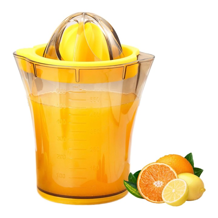 Ръчна сокоизстисквачка за цитруси, AFKSMILE, Преса за лимон, Контейнер от 600 ml, 2 преси, Здрава и издръжлива, Лесна за работа, С противоплъзгащ дизайн, Лесна за почистване, За грейпфрут, Пластмаса, 15*13.5см, Жълт