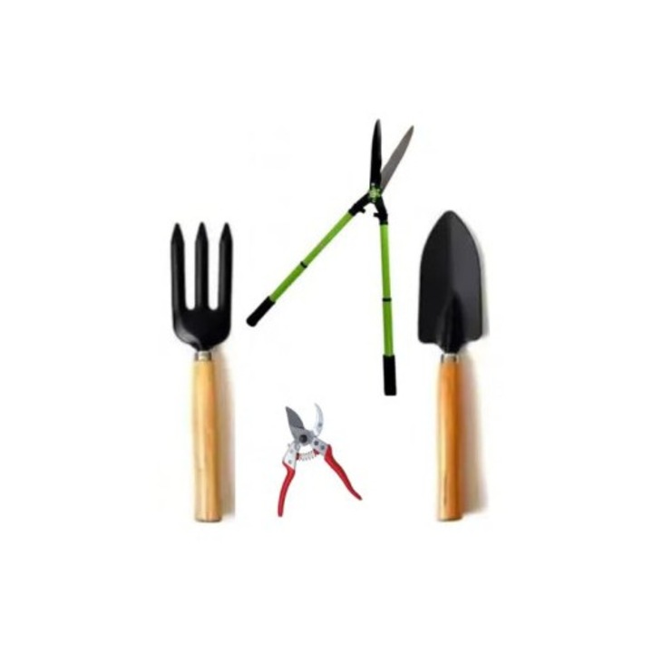 Trusa de scule de gradina cu maner din lemn, furca, forefeca de vie, forefeca telescopeca si cazma pentru gard viu si taietor – confortabil si durabil pentru utilizarea in gradina