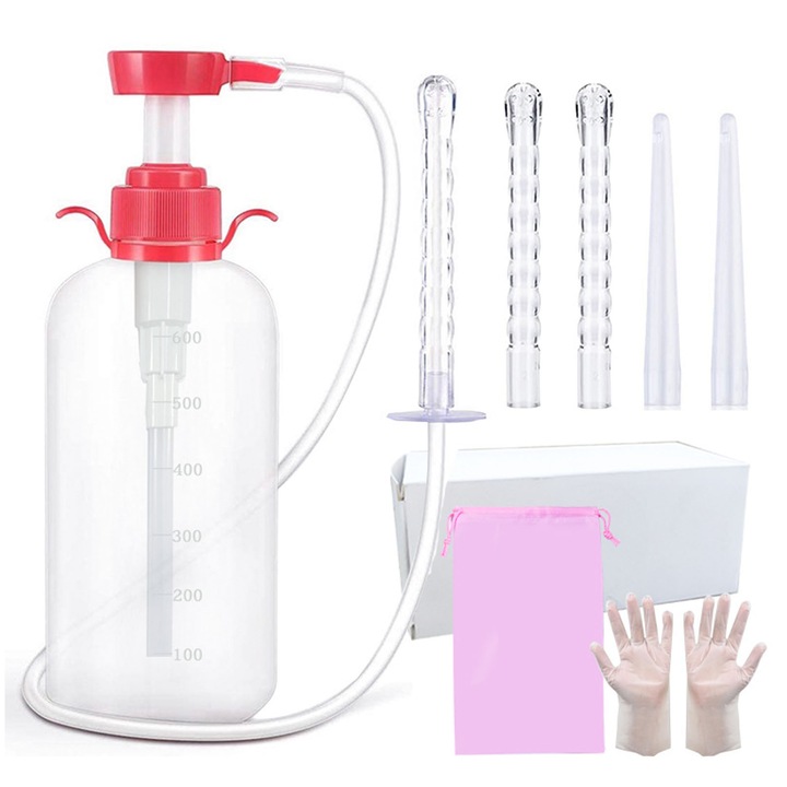 Set pentru clisma, AFKSMILE, Set 10 irigator clisma, Capacitate 600 ml, 5 varfuri de duza, Curatare manuala cu presiune, Control al fluxului de lichid, Reutilizabil, Pentru curatare anala si vaginala, TPE, 15.3 * 7.7cm/11.7 * 1.5cm, Multicolor