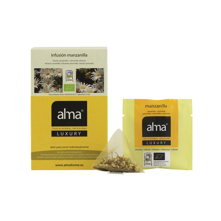 Bio tea 20 sachets Alma Teas, chamomile, 100% natural, sustainable sources, relaxing effect, digestive properties, reduces abdominal discomfort, improves sleep, balanced taste, 30 g