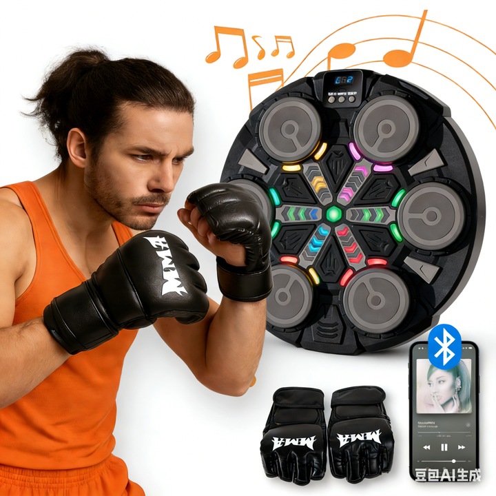 Електронна боксова мишена с Bluetooth музика, регулируем резултат, скорост и сила на звука, включително боксови ръкавици и LED осветление за зоната за удари
