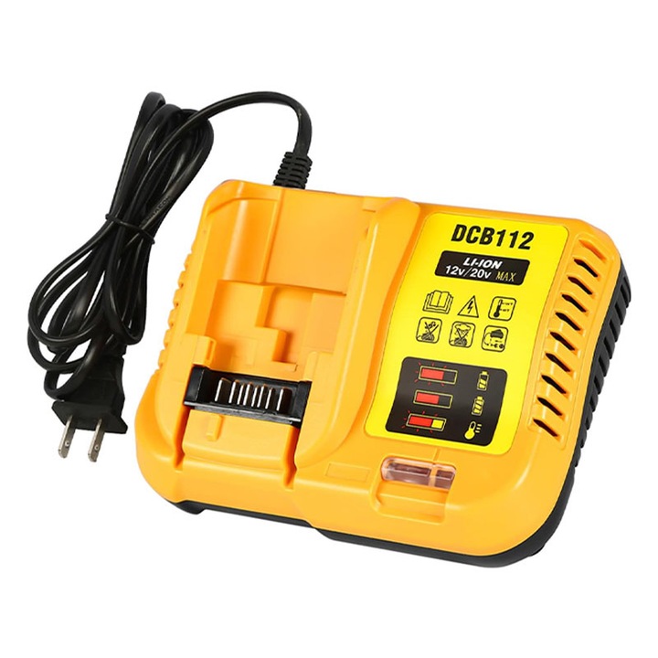 Incarcator compact slim acumulatori, Rqiurpn, Compatibilitate larga, Incarca toate bateriile DeWALT de 10,8V, 12V, 14,4V si 18V XR Li-Ion, Protectie completa, Indicator LED, Galben