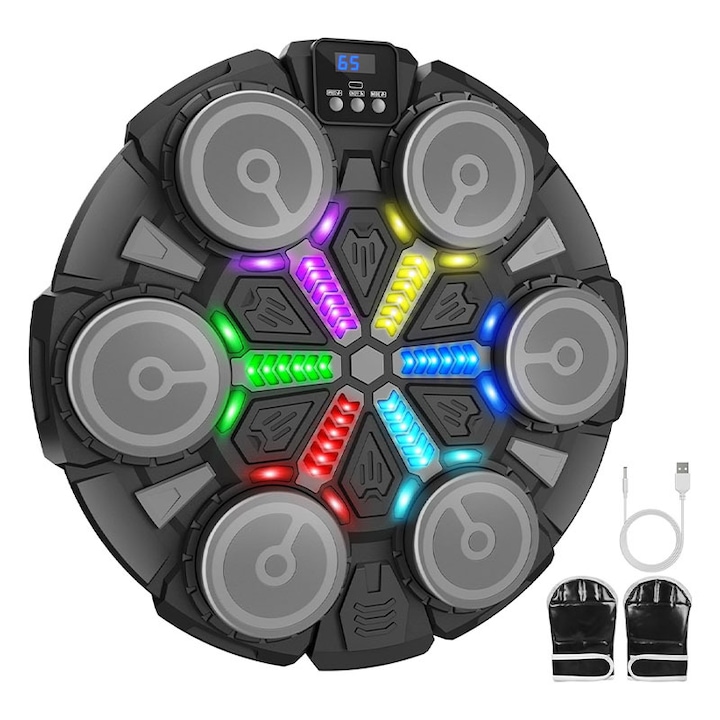 Aparat de box muzical cu Bluetooth, Duueyct, Difuzor incorporat, Conexiune Bluetooth, 3 moduri, Afisaj LED, Incarcare USB, Montabil pe perete, Manusi Incluse, Pentru Copii si Adulti, Negru