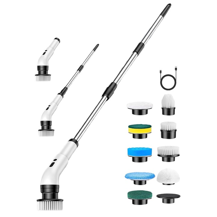 Perie electrica de curatat cu rotatie, perie de curatat fara fir cu 8 capete de perie inlocuibile, perie de curatat pentru cada si gresie, putere 360, viteza dubla, cu maner reglabil si detasabil pentru baie, bucatarie, masina