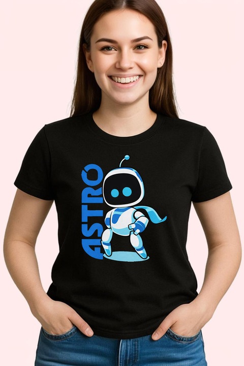 Tricou Dama Astro Bot personaj clasic cu logo vertical, Negru