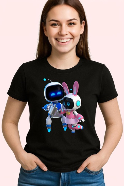 Tricou Astro Bot personaje cuplu joc video, Dama, 100% Bumbac, Cri-Flo, Culoare Negru, Marime XL