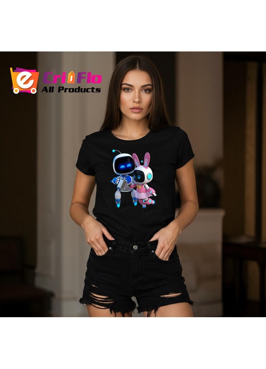 Tricou Astro Bot personaje cuplu joc video, Dama, 100% Bumbac, Cri-Flo, Culoare Negru, Marime XL
