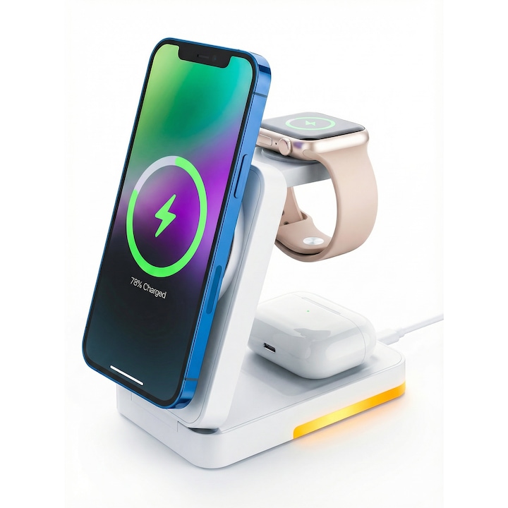 Безжично зарядно устройство 3 в 1, едновременно зареждане на 3 устройства, преносимо зарядно устройство, технология MagSafe, защита на батерията, амбиентно осветление, регулируемо, съвместимо с iPhone, Apple Watch, AirPods, бяло