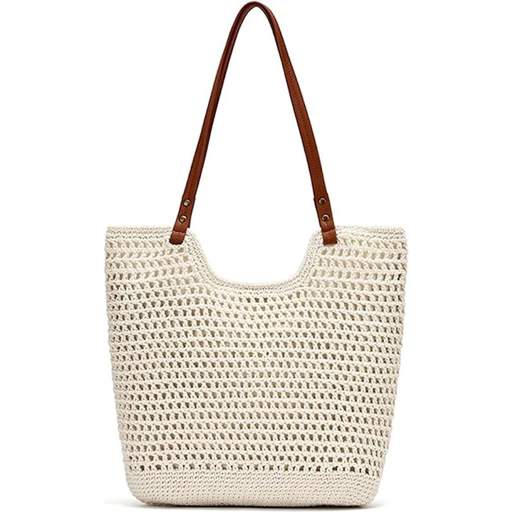 Geanta de Plaja pentru Femei Vara, Esther Beauty®, Cu Buzunar interior Fermoar, 36×34×13cm, Paie/ Poliester, pentru Vacante/Cumparaturi/Plaja/Picnic, Bej