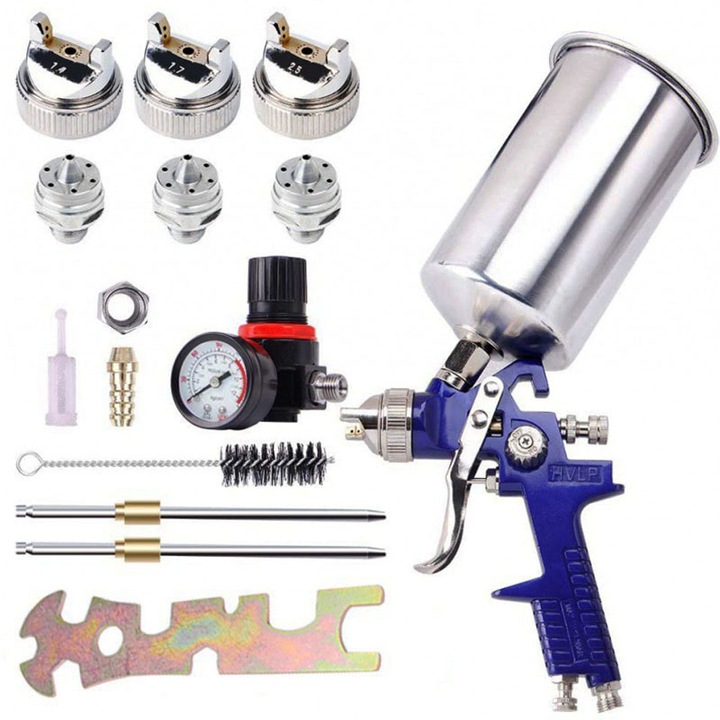 Set pistol de vopsit universal HVLP, Omelivon, 1000ml, Cu duze 1.4mm, 1.7mm, 2.0mm, Flux si latime de pulverizare reglabile, Pentru grunduri auto, Pulverizarea suprafetelor de mobilier, Vopsea de perete, Argintiu/Albastru