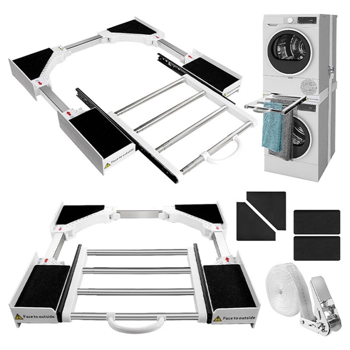 Универсален комплект за подреждане на пералня и сушилня, Omelivon, Комплект за надграждане за машина с прибираща се поддръжка, С поставка за кърпи, Фиксиращи ремъци и поддръжка за вратата на пералнята, Стабилен и лесен за инсталиране, Стомана, Бял