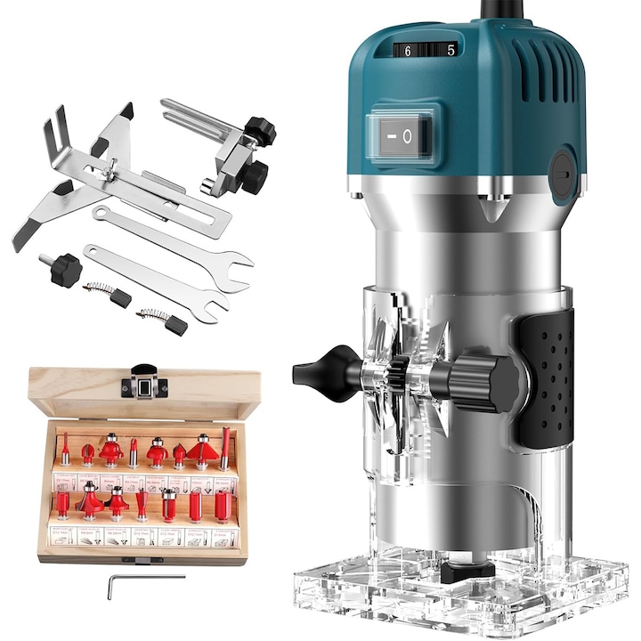 Фреза, YOUKUKE®, 800W, Фреза за дърво, 30000rpm, 15 аксесоара за фрезоване, 6 регулируеми скорости, За скосяване, набраздяване, рязане, дърворезба в дървообработващи проекти