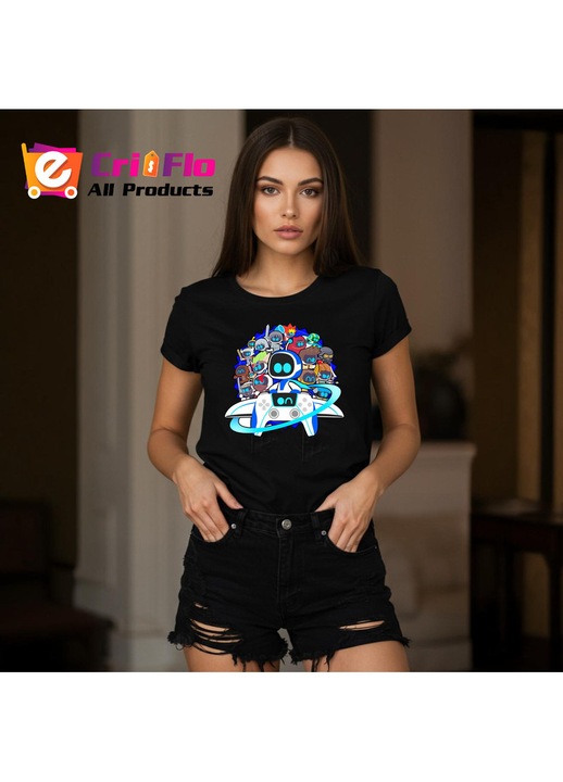 Tricou Astro Bot colectie personaje univers gaming, Dama, 100% Bumbac, Cri-Flo, Culoare Negru, Marime M