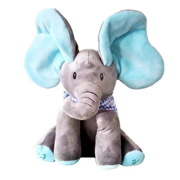 Jucarie interactiva pentru bebelusi, cu muzica linistitoare si lumina respiratorie, elefant albastru, functie de joc, alimentare cu baterii