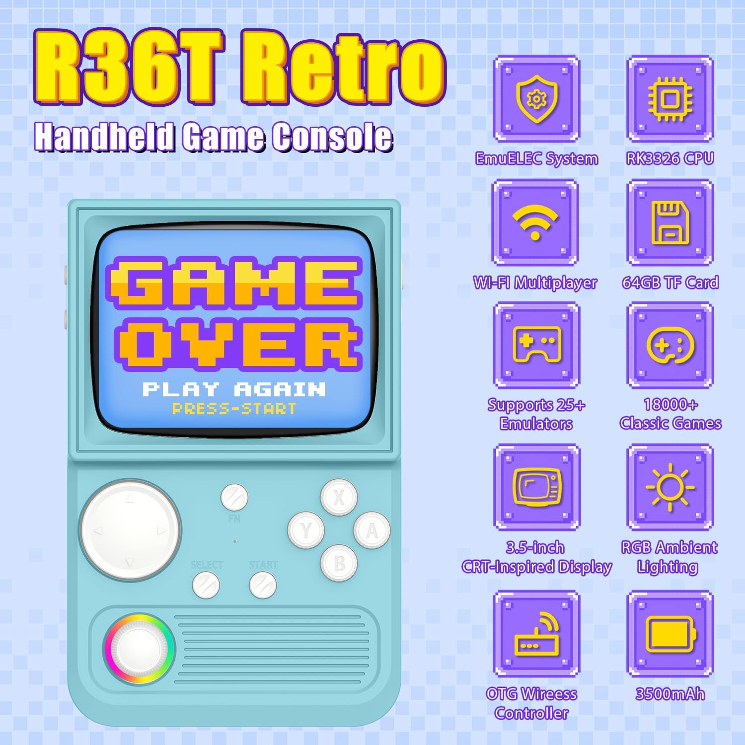 Consola portabila retro R36T, XONGSOR®, 64GB, 18000+ jocuri, ecran IPS 3.5", WiFi, baterie 3500mAh, albastru