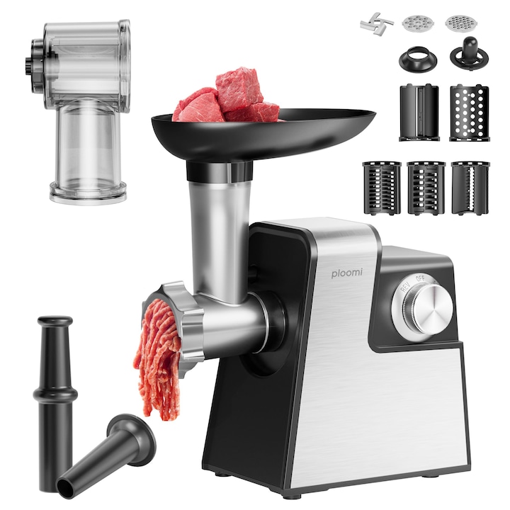 Masina de tocat, Ploomi®, 2 in 1 (tocat carne+feliere legume), 2500W, 3kg/min, cutit inox, 3 site metalice, functie inversare, carnati, accesoriu pentru kebab, accesorii de tocare, feliere, macinare diverse ingrediente, Negru/argintiu