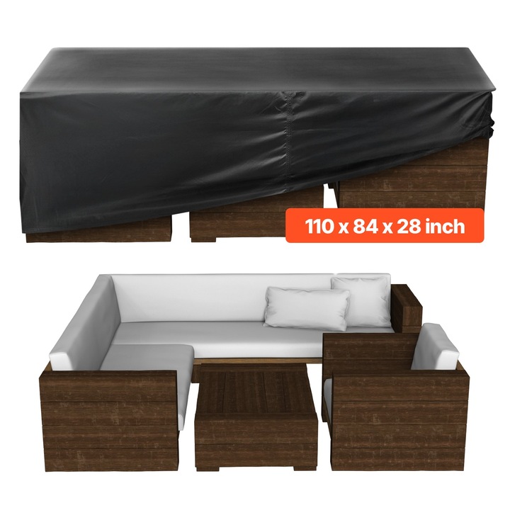 Husa pentru mobilier de terasa, Husa pentru masa si scaune de exterior, Impermeabila 420D, Orificii de aerisire, Pentru mese dreptunghiulare mari, 279 x 213 x 71 cm, Neagra