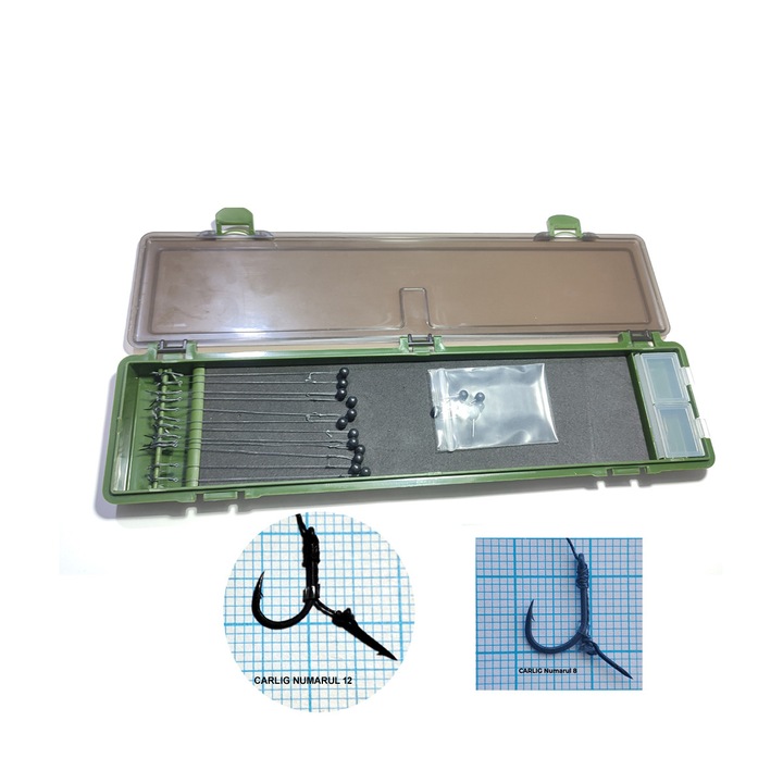 Penar monturi crap + 12 carlige legate (6× Nr.8, 6× Nr.12) cu spin 7 mm