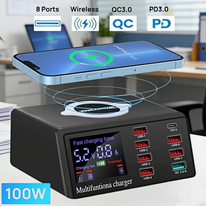 Incarcator Rapid, MOSMAOO®, 100W Type-C USB-C, 8 Porturi, Cu Ecran Digital, Incarcare rapida QC3.0 PD3.0, Pentru Dispozitive Multiple, Compatibil iPhone 13 12, iPad, Samsung si Altele