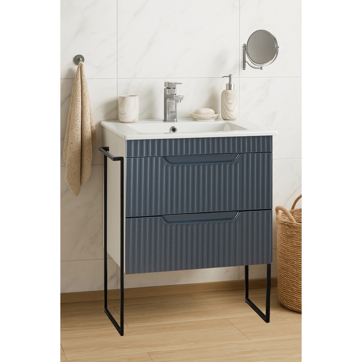 Set mobilier de baie MDF KIT si lavoar Badenmob, seria 033, Sertare, Cadru metalic, 60x46x89cm, Antracit