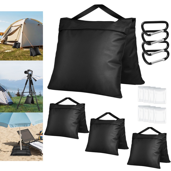 Set 4 saci de nisip rezistenti la vant, bedee, Oxford, pentru suport de fundal, trepied foto, baldachin, cort pliabil, baza pentru umbrela, masa de picnic, scaun de pescuit, cu 4 x cleme metalice si 8 x pungi din PE, 57x26cm, Negru