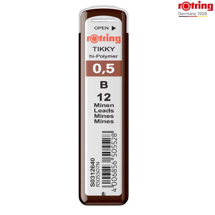 Set 12 mine creion 0.5mm B cu Rezistenta Extra la Rupere, pentru Desen Tehnic si Scriere Precisa, in Etui Protector Rotring